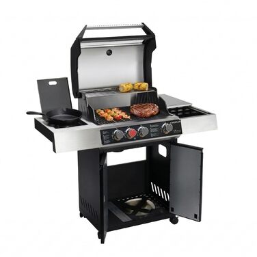 Газовий гриль Amig Fireplus XL GRILL-2 4F (129 x 55 x 115 см) чавунна решітка (60 x 41,5 см), термометр, бічна полиця, нижня шафа та колеса з гальмами, чорний