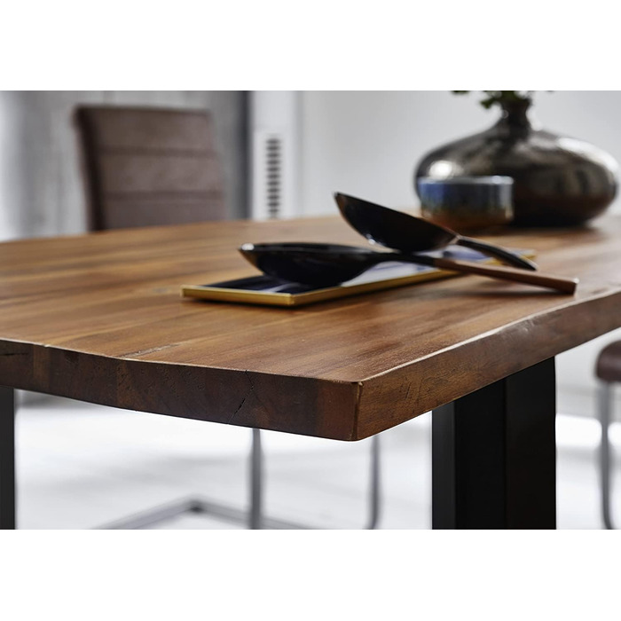Обідній стіл SAM Esra, 120 x 80 см, масив акації, коньячного кольору, стіл з натуральним краєм та чорним металевим каркасом, обідній стіл зі стільницею з натуральним краєм 26 мм, справжній натуральний край, 120 x 80 см, коньячний/чорний