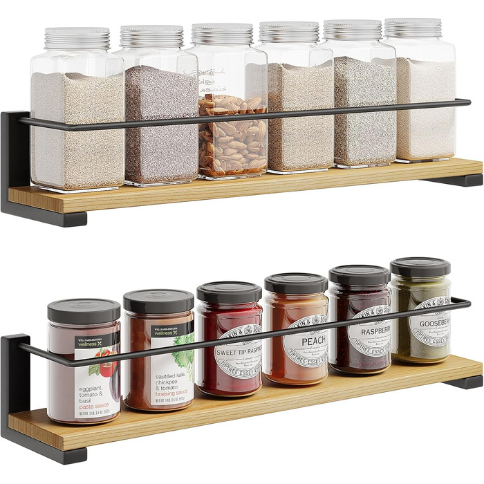 Настінні полиці для спецій OROPY з 2 предметів для кухні, підвісний органайзер для спецій із соснової деревини, дерев&39яна настінна кухонна полиця для дверцят шаф, банки для трав з анкером, банки для спецій - соснова деревина, 40x9 см, набір з 2 предметі