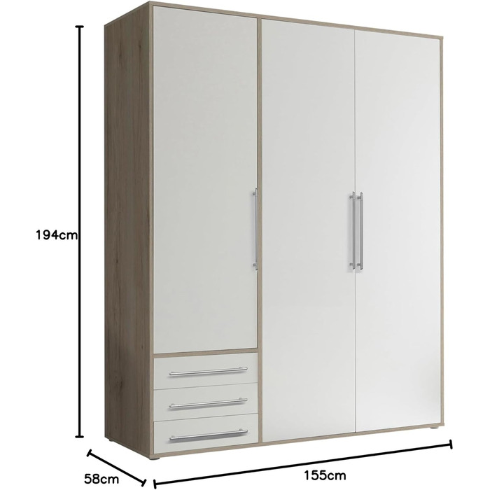 Шафа LYSS, біла з шухлядами - Універсальна 3-дверна шафа для спальні білого кольору, ефект дуба Сан-Ремо - 155 x 194 x 58 см (Ш/В/Г) Ширина 155 см Білий дуб Сан-Ремо