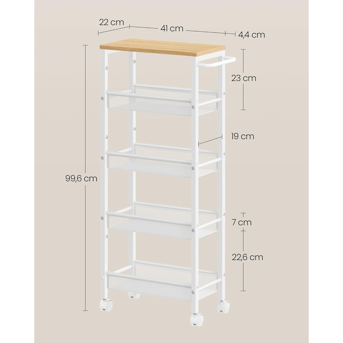 Ярусний візок на колесах, вузький кухонний візок, нішева полиця на колесах, сталь, ручка, для невеликих приміщень, 22 x 45,4 x 99,6 см, кухня, ванна кімната, вітальня, кабінет, дубово-білий LRC035W09 5 ярусів (22 x 45,4 x 99,6 см) дуб білий, 5-