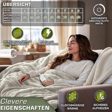Електрична ковдра з автоматичним вимкненням, 200 x 180 см Електрична ковдра з підігрівом та 9 температурними режимами Затишна ковдра для ліжка, дивана Електрична ковдра з таймером та цифровим дисплеєм, 200 x 180 см, бежева