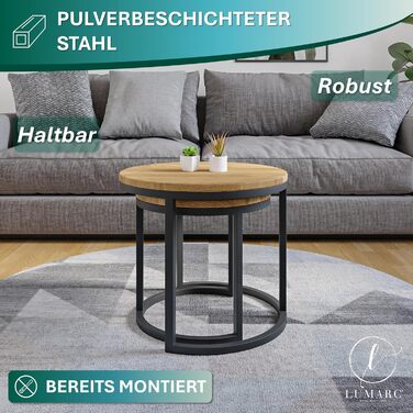 Набір журнальних столиків з 2 шт. , виготовлений з масиву дуба та сталі, Ручна робота в Європі, Журнальний столик, Стіл для вітальні, Журнальний столик, Чорний, Круглий, Ø50x43 см / Ø40x38 см Ø50x43 см / Ø40x38 см Дуб, Чорний