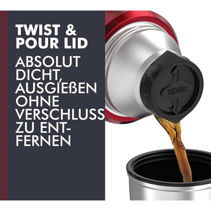 Термос-пляшка Thermos Stainless King, червона, 1,20 л - нержавіюча сталь, абсолютно герметична, з чашкою для пиття та ручкою, зберігає напої гарячими 12 годин та холодними 24 години, можна мити в посудомийній машині, без BPA, журавлина 1200 мл