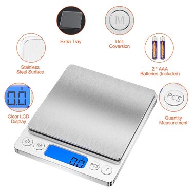 Кухонні ваги Gvolatee 3кг/0,1г електронні, цифрові ваги з нержавіючої сталі з РК-дисплеєм та функцією тари, точне автоматичне вирі