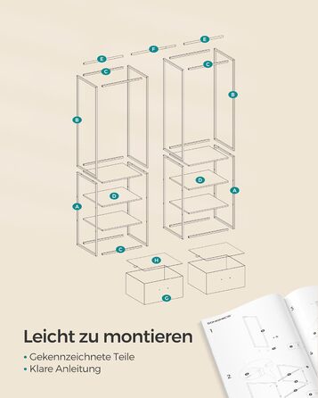 Вішалка для одягу SONGMICS, відкрита шафа, міцна вішалка для одягу, 1 висувна рейка, 2 шухляди, 4 полиці, для спальні, компактна, вінтажний коричневий RGR003B01