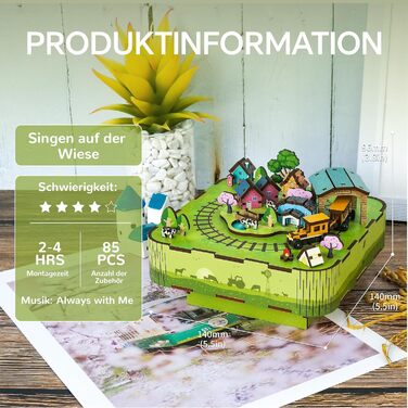 Музична скринька Tonecheer Дерев'яний 3D-пазл, набір моделей для сім'ї котів своїми руками для дорослих, обертова музична шкатулка, дерев'яні пазли Подарунки для прикраси будинку Подарунок на день народження Різдвяний підліток (співає на лузі)