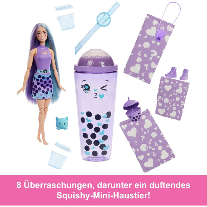 Лялька та аксесуари серії Barbie Pop Reveal Bubble Tea, лялька-модель з ароматизованим молоком таро з домашнім улюбленцем, 8 сюрпр