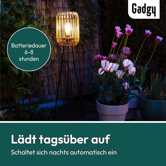 Вуличний світлодіодний сонячний торшер Gadgy - Водонепроникний садовий торшер - Сонячний балконний торшер для сталого освітлення - Світлодіодний зовнішній торшер-штатив - Сонячна лампа з натурального ротанга
