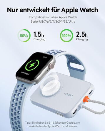 Із вбудованим кабелем Apple, із зарядкою Apple Watch, USB-C, зовнішній акумулятор мобільного телефону, світлодіодний дисплей, сумісний із iPhone, Apple Watch(9-1), мобільними телефонами тощо(синій), 20W PD, 5000mAh Power Bank