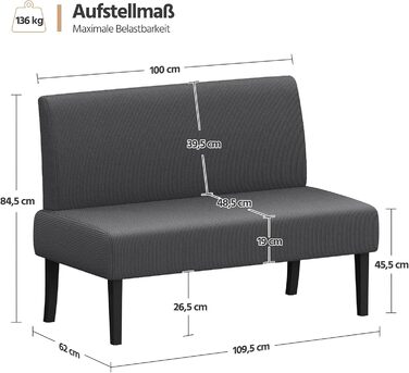 Кухонний диван Yaheetech 2-місний, лава, м&39який диван з вельветової тканини, подвійний диван без підлокітників, тканинний диван, диван-гойдалка для вітальні/передпокою/офісу, сірий