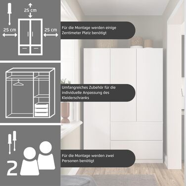 Меблі Rauch Costa, шафа для спальні, дитячої кімнати, кімнати немовляти, кімнати підлітка, передпокою, 3-дверна шафа з 2 шухлядами, механізм відкривання натиском, білий, ширина 136 см, без дзеркала, альпійський білий білий профіль ручки, 54 x 136 x 197 см