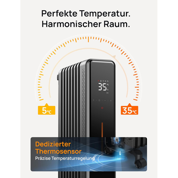 Енергозберігаючий масляний радіатор Dreo, електричний обігрівач потужністю 2000 Вт з 9 ребрами, 3 налаштування нагріву, 4 режими, 24-годинний таймер, захист від перегріву та перекидання, тихий електричний радіатор з термостатом, OH521