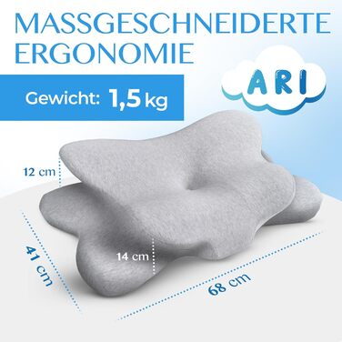 Ортопедична подушка для шиї ARI - Ергономічна подушка з чохлом з піни з ефектом пам&39яті та бавовни Для сну на животі, спині та на боці Подушка з піни з ефектом пам&39яті, включаючи сумку для перенесення та чохол