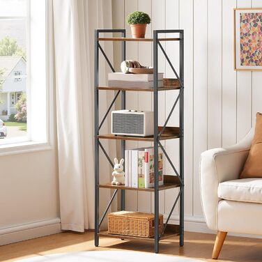 Книжкова полиця HOOBRO, стояча полиця, полиця-драбина, окремостояча вузька полиця, офісна полиця, 5 ярусів, відкриті полиці, для вітальні, спальні, офісу, кухні, рустикальний коричневий та чорний EBF73SJ01 42 x 28 x 132 см Рустикальний коричневий чорний