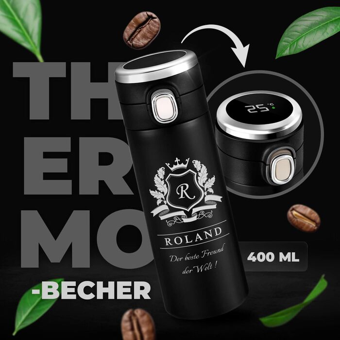 Пляшка для води Maverton з гравіюванням 400 мл - Герметична 100 водонепроникна термокружка - Сенсорний світлодіодний дисплей - Термос з нержавіючої сталі - Для чоловіків - Подарунки на день народження - Різдвяні подарунки - Чорна - Літера