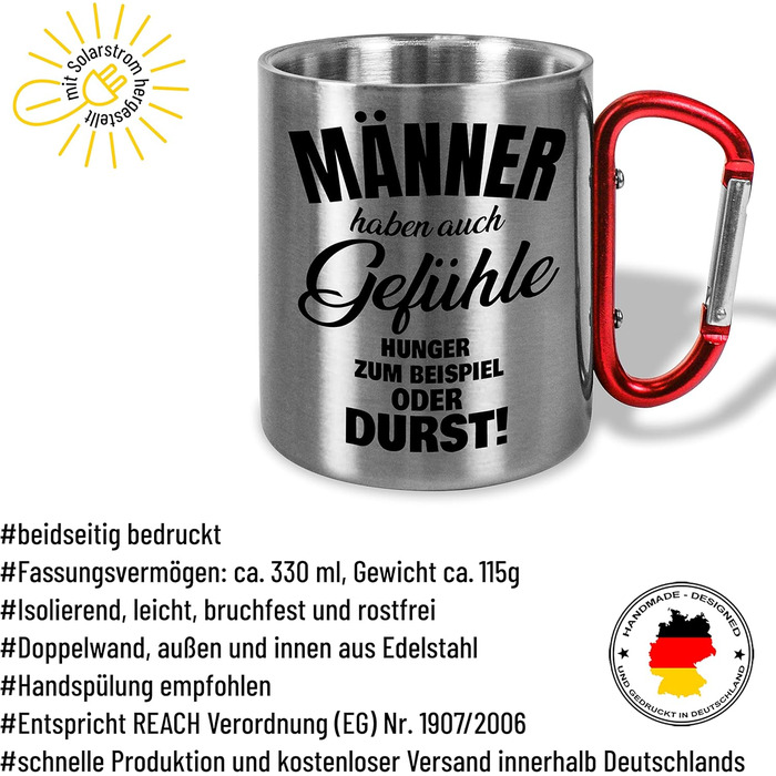 Кружка з нержавіючої сталі 330 мл із кумедним написом Чоловіки теж мають почуття кружка з карабіном з нержавіючої сталі, подарунок для активного відпочинку, кемпінгу, походів, днів народження, Різдва (чоловікам, червона ручка)