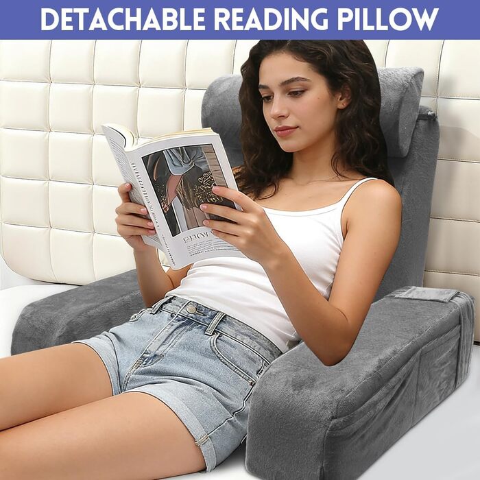 Подушка для читання для ліжка та дивана, подушка для спини для читання та перегляду телевізора зі знімним потиличним валиком та підлокітником, комфортна подушка для читання для дорослих, подушка для читання для ліжка, дивана або спинки підлоги