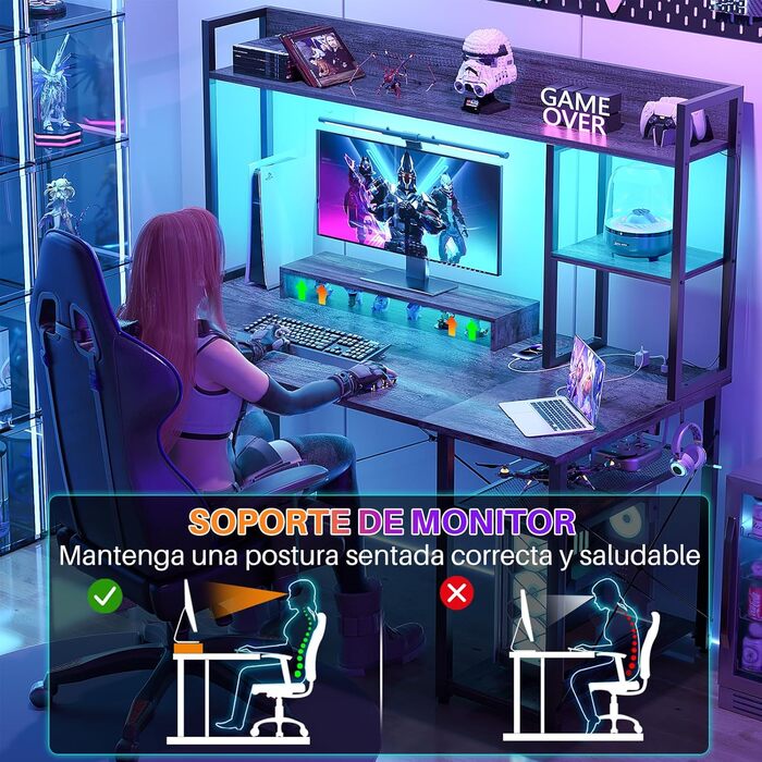 Ігровий стіл з полицею, комп&39ютерний стіл 47 дюймів зі світлодіодним підсвічуванням та розетками, стіл для домашнього офісу з двосторонніми 5-ярусними відділеннями для зберігання та підставкою для монітора, чорний, 120 см.