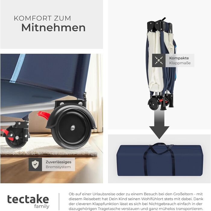 Дитяче ліжечко tectake Baby Travel Cot, дитяче ліжечко, регульоване по висоті ліжечко з матрацом та сумкою для перенесення, дитяче ліжко, дорожнє ліжечко, портативне приліжкове ліжечко для немовлят - 132 x 75 x 104 см - темно-синій, синій, з малюком собак