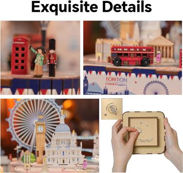 Музична скринька Tonecheer Дерев'яний 3D-пазл, набір моделей для сім'ї котів своїми руками для дорослих, обертова музична шкатулка, дерев'яні пазли Подарунки для прикраси будинку Подарунок на день народження Різдвяний підліток (Лондон)