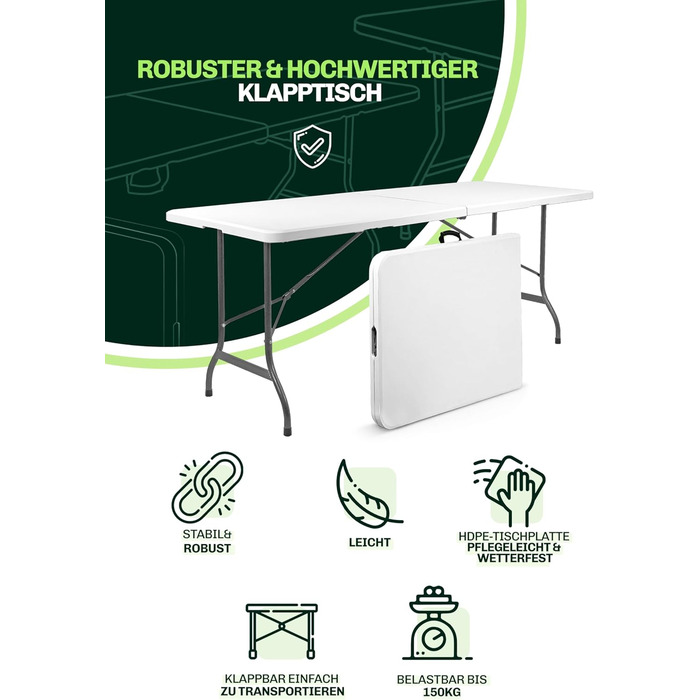 Складаний кемпінговий стіл Blumixx 180x74x74 - Легкий складаний стіл з ручкою для перенесення, всепогодний садовий стіл, складний фуршетний стіл для кемпінгу, саду, балкону, фестивалю та використання на свіжому повітрі - всепогодний, стабільний та легкий,