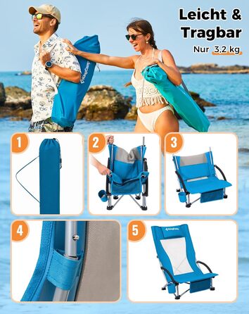 Низький складний пляжний стілець KingCamp, легкий, витримує до 180 кг, складний пляжний стілець із сітчастою спинкою, тримачем для напоїв та сітчастою кишенею, легкий складний кемпінговий стілець, складний стілець для пляжного кемпінгу Hr 2 шт., синє сітч