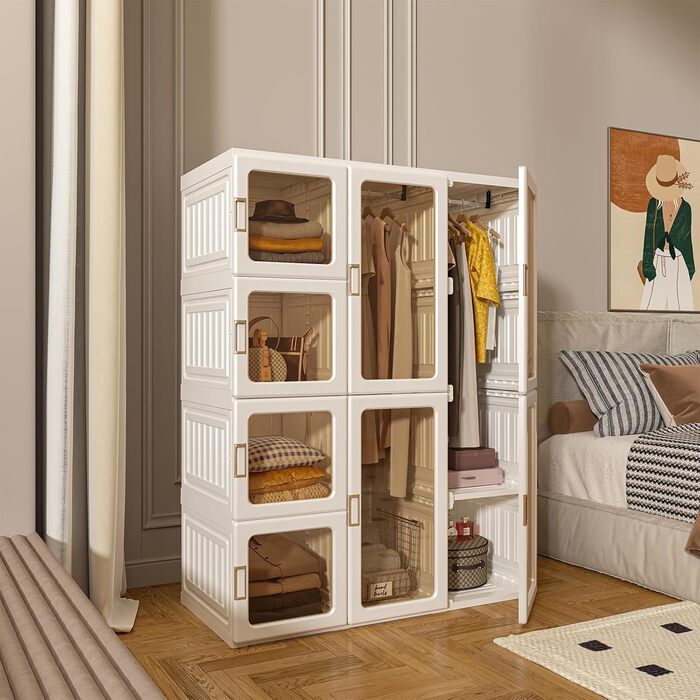 Шафа Dripex, Шафа 104 x 136 x 50 см (Ш x В x Г), Легке складання, Складана багатоцільова шафа з рейкою для вішалок, Магнітні двері, Для вітальні-спальні, Білий, 8 дверей з 2 рейками для вішалок