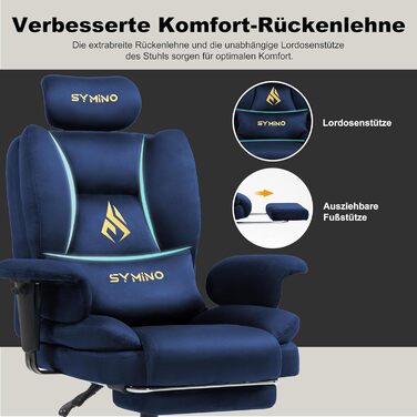 Ігрове крісло Symino, крісло керівника, офісне крісло, ергономічне, штучна замша, крісло-диван з підставкою для ніг, офісне крісло з регульованою висотою, комп&39ютерне крісло, 130 кг, темно-синій колір, штучна замша / темно-синій