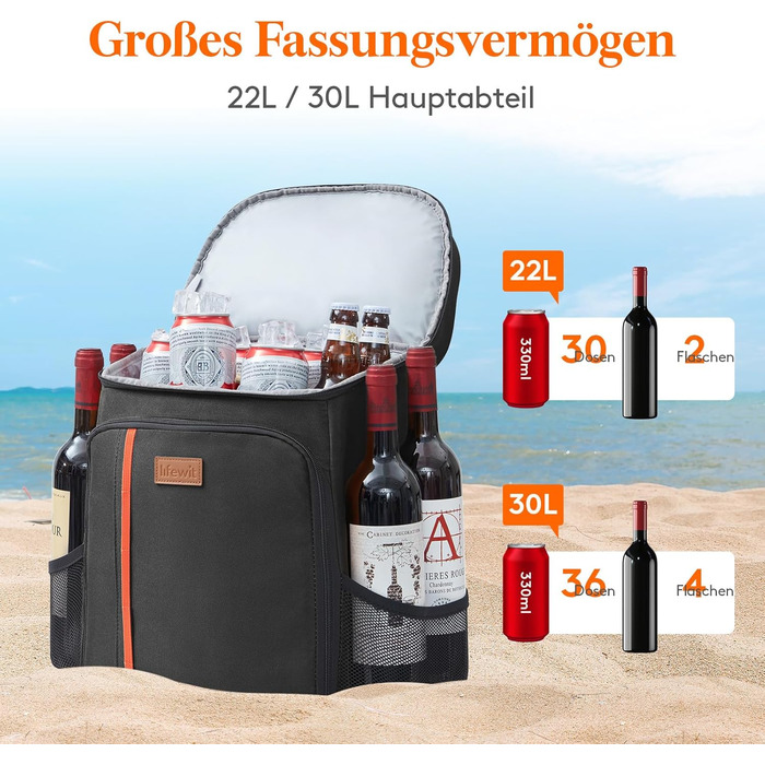 Рюкзак-холодильник Lifewit 30L на 36 банок, герметичний рюкзак-холодильник, водонепроникна ізольована сумка для обіду для чоловіків, жінок, роботи, пікніків, пляжу, кемпінгу, подорожей, чорний L