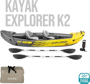 Надувний каяк Intex Explorer K2, комплект для 2 осіб з алюмінієвими веслами та потужним повітряним насосом, 2 особи, одноколірний