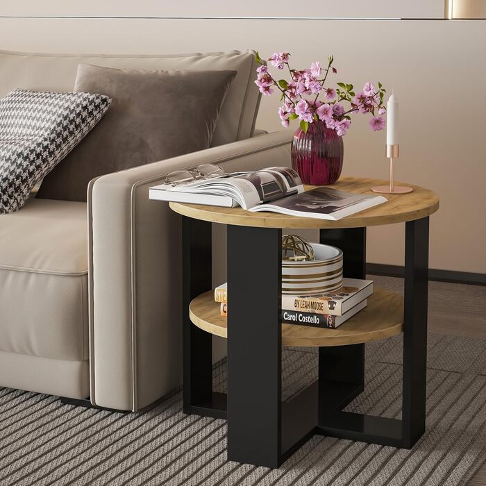 Круглий дубовий журнальний столик Ø53 см - Невеликий журнальний столик з полицею - 2 яруси, круглий сучасний журнальний столик в промисловому дизайні - Зроблено в ЄС Чорний та дубовий Діаметр 53 см