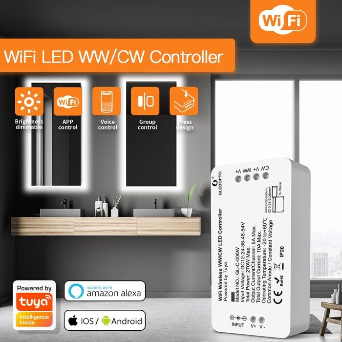 Контролер GLEDOPTO WiFi Світлодіодна стрічка WW/CW DC12-24-54V Контролер світлової стрічки Голосове керування за допомогою програми з Tuay Smart Life Alexa Google Home Assistant без додаткового концентратора