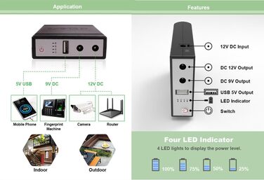 Міні-UPS Джерело безперебійного живлення, UPS 10400mAh акумуляторна батарея, резервне живлення/пауербанк 5V USB, 9V, 12V DC для WiFi роутерів, модемів, POE камер, телефонів сигналізації