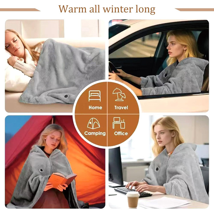 Бездротова електрична ковдра з 8-зонним обігрівом, 3 режими нагріву, подовжувач 1,5 м, хутро кролика, можна прати, електрична ковдра, яку можна носити, для дивана, офісу, автомобіля, кемпінгу, сіра
