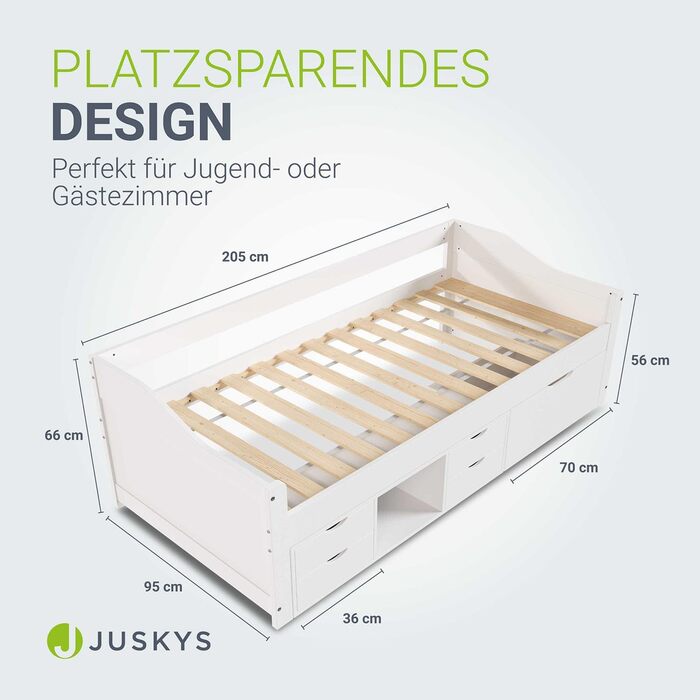 Функціональне ліжко Juskys Nalu 90x200 см - Дерев&39яне ліжко з рейковою основою та шухлядами - Ліжко з місцем для зберігання речей для дітей - Дитяче ліжко, Дитяче ліжко, Гостьове ліжко - Біле