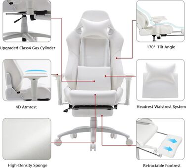 Ігрове крісло, ергономічне офісне крісло з підставкою для ніг та поперековою опорою, крісла для відеоігор для дорослих, регульоване офісне крісло з поворотним на 360 сидінням та підголівником для домашнього використання, біле