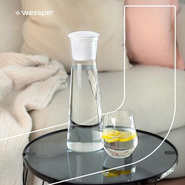 Скляний графин з фільтром для води Wessper, 1 літр, графин для води з мікродисковим фільтром для води, скляний графин з кришкою, для фільтрованої води та холодних напоїв, БЕЗ BPA - білий