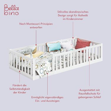 Ліжко Bellabino Tapi 90x200 см, дитяче ліжко із захистом від випадіння, включаючи рейкову раму, підлогове ліжко Монтессорі для хло