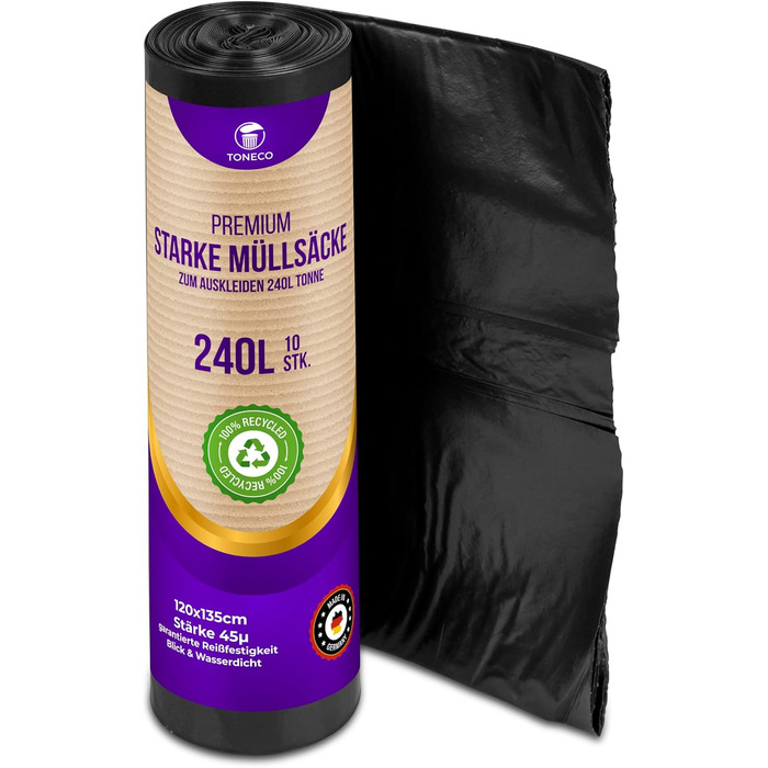 Міцні сміттєві пакети 240 л - чорні - для муніципальних контейнерів для відходів - 100 перероблені - (від 10 до 300 пакетів) (20)