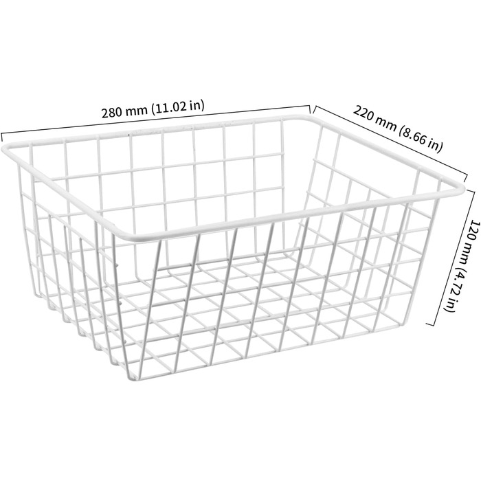 Набір із 4 білих металевих дротяних кошиків, 28 x 22 x 12 см, штабельовані дротяні кошики для зберігання, кошики для морозильної камери, сітчасті кошики для ванної кімнати, офісу, кухні, шафи, полиці