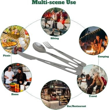 Набір столових приборів RISON-Titanium Titanium для кемпінгу, комбіновані столові прибори з 4 титанових виделок-ложок-ніжів для подорожей з карабіном та сумкою для зберігання, посуд для приготування їжі на свіжому повітрі, рюкзак для походів, щоденний пос