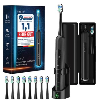 Електрична звукова зубна щітка для дорослих та дітей, 5 режимів чищення з 3 рівнями інтенсивності, 8 змінних насадок та дорожній футляр, акумуляторна зубна щітка (, в упаковці) Чорна