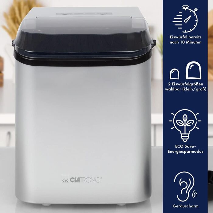 Машина для виробництва кубиків льоду Кубики льоду через 10 хвилин Самоочищення для великих і маленьких кубиків 12 кг/24 год Льодогенератор Резервуар для води 1,5 літра EWB 3785 Silver - Знята з виробництва модель