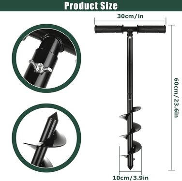Ручний бур для землі, 10 x 60 см, набір садових бурів, чорний бур, сталевий бур для акумуляторної дрелідини, для саду, посадки та глибокого розпушування ґрунту