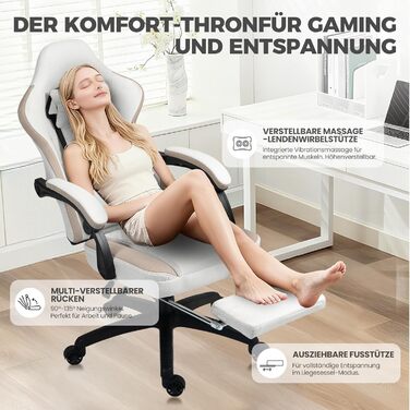 Ігрове крісло Dowinx з тканиною, масажне ігрове крісло з підставкою для ніг, ергономічне крісло для ПК, ігрове крісло, офісне крісло, вантажопідйомність 150 кг, бежевий бежевий, розсувна підставка для ніг