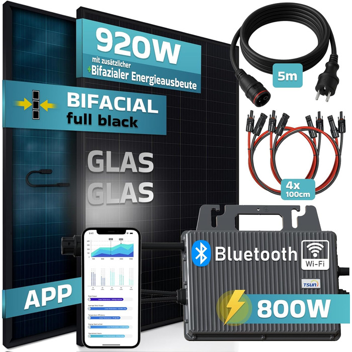 Двофазна балконна електростанція SUNNIVA 920 Вт, повністю чорного кольору, з розеткою, інвертор TSUN 800 Вт, фотоелектрична сонячна система, 2 сонячні модулі зі скла по 460 Вт, вкл. кабель 5 м, Bluetooth WIFI, повний комплект 920/800 Вт