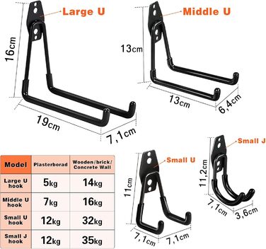 Настінні гачки GUDEMAY Garage - 16 шт. Надміцні гачки з гвинтами та гумовим протектором - Компактний настінний кронштейн для зберігання інструментів, велосипедів, драбин, лиж та садових інструментів - Чорний набір з 16 чорних