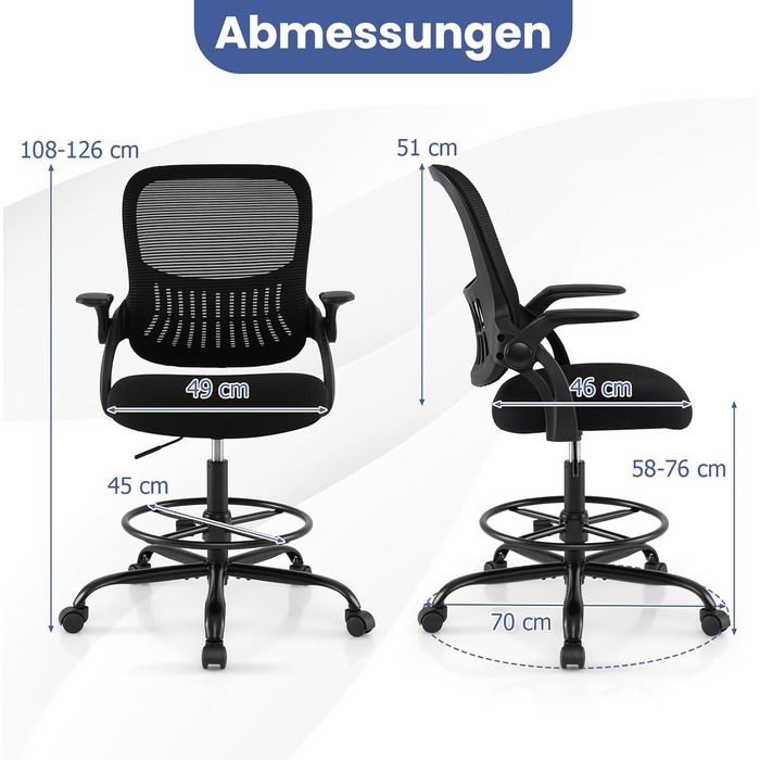 Робоче крісло COSTWAY, офісне крісло з відкидними підлокітниками та підставкою для ніг, висота сидіння 58-76 см, високе обертове крісло, вантажопідйомність до 136 кг, чорний колір, висота сидіння 58-76 см