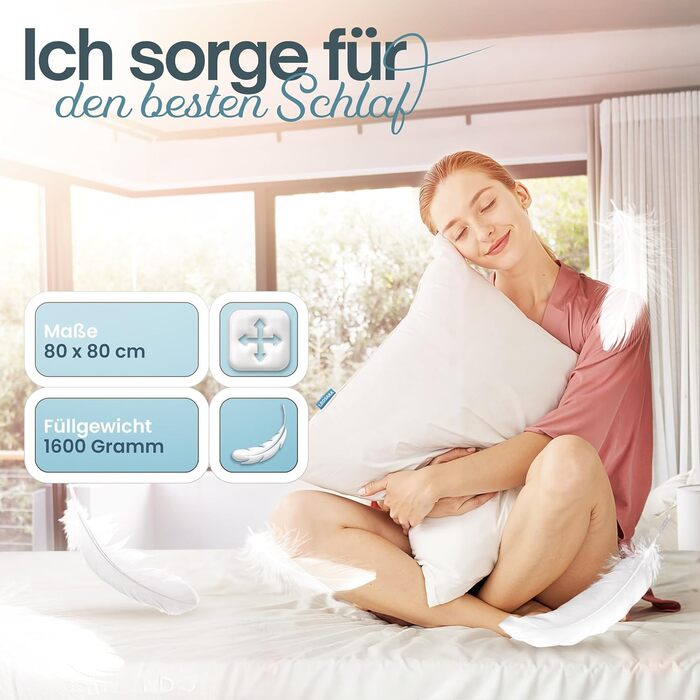 Пухова подушка зі 100 пір&39яним наповнювачем Пухова подушка 80 x 80 см Пухова подушка для голови 80x80 Дихаюча Оптимальна підтримка для спокійного сну - Пухова подушка 80x80 () 80x80 см